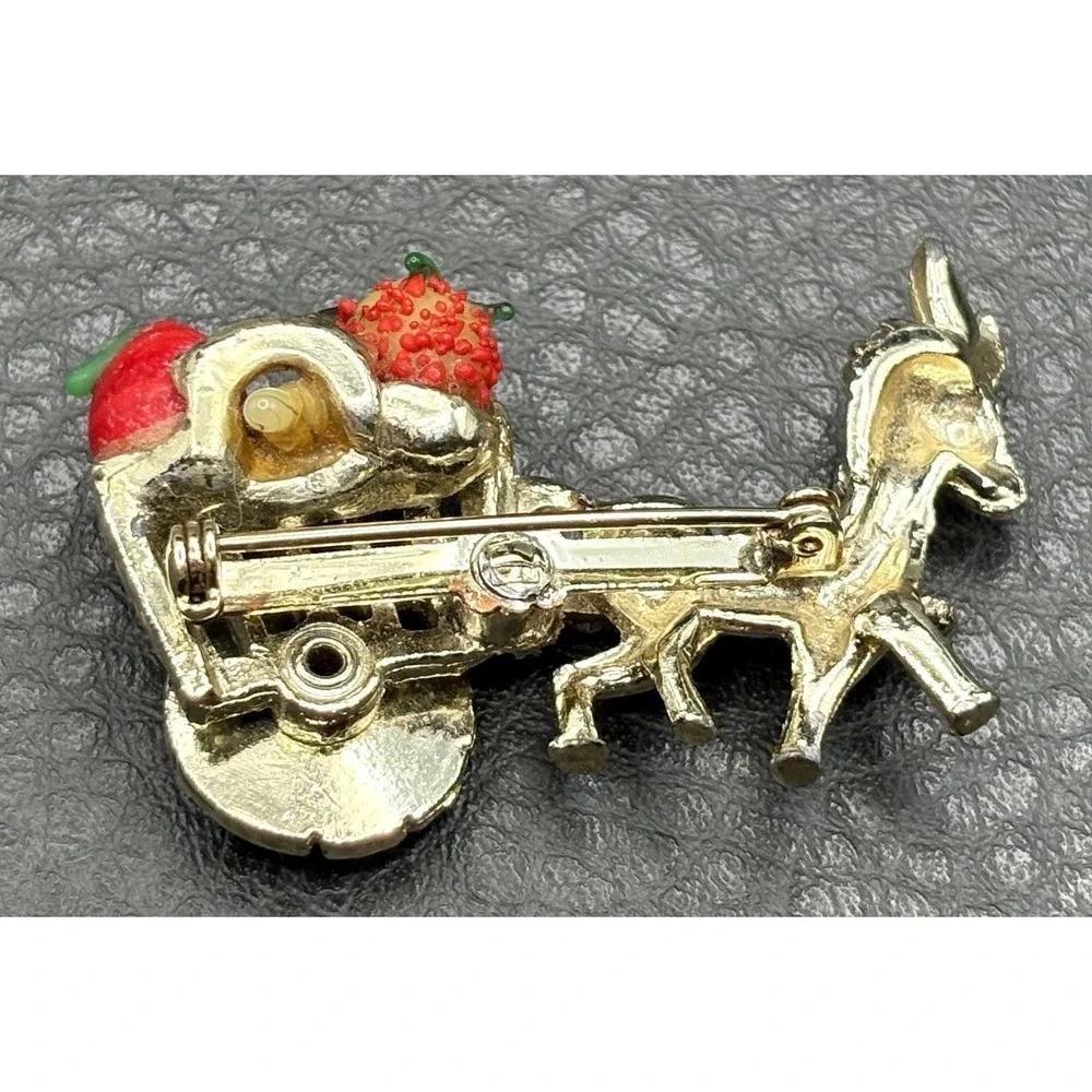Vintage Gold Tone Horse Donkey Cart Brooch Colorful Glass Fruit Accents